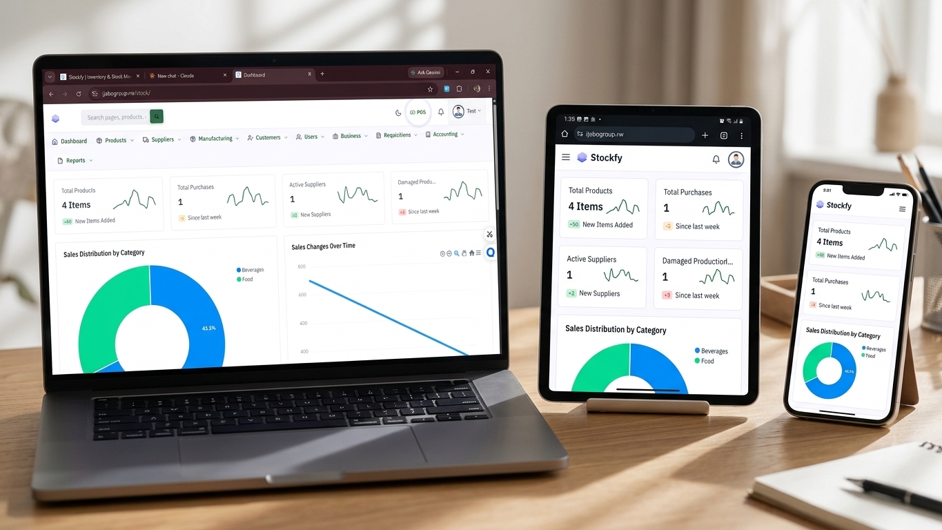 Stockfy inventory dashboard displayed on a laptop, tablet, and phone